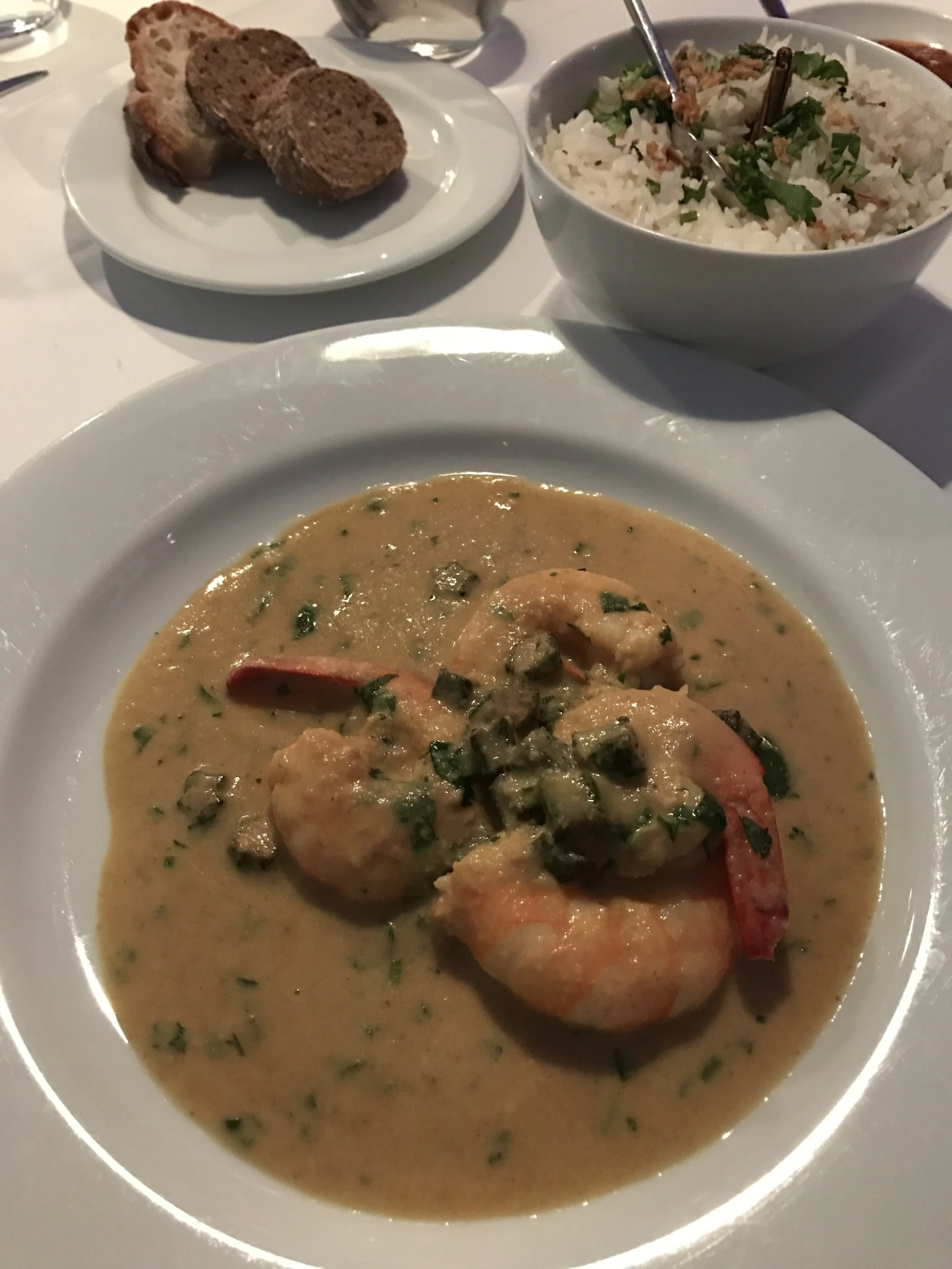 First Meal on Arrival: Prawn curry & lady's fingers served with basmati rice - IBO Restaurante