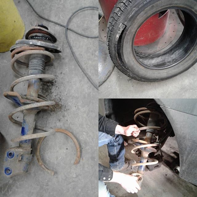 Broken strut spring punctures front tire, causing a blow out and loss of steering control. Fortunately the vehicle was traveling at low speed and no one was injured. Regular inspections by a professional mechanic can avoid this from happening we offe