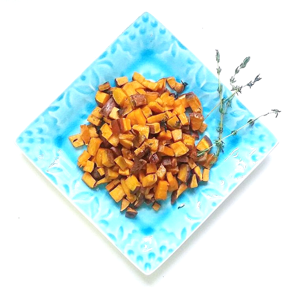 Directions: Preheat oven to 400 degrees F. Melt coconut oil and drizzle on a medium baking sheet. Add sweet potatoes, thyme, salt and pepper to the baking sheet. Using your hands, toss until evenly coated. Place in the oven and cook for 25 minutes. Garnish serving plate with thyme springs.