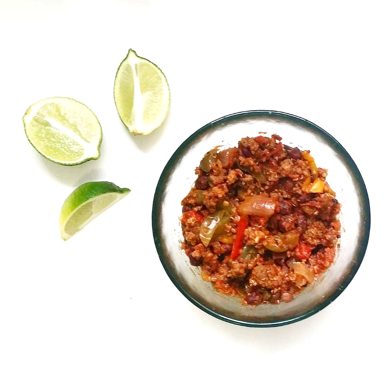 Instructions: 1. Heat olive oil in a large pot over medium heat. Add onions and cook until translucent, approximately 3 minutes. Season with cumin, paprika, cayenne pepper, black pepper and salt. 2. Add garlic and cook for another minute to release the flavor. Add peppers and jalapeno and cook until peppers become soft. Add siracha sauce, chicken broth, crushed tomatoes, kidney beans, black beans and corn. 3. Bring to a boil and add quinoa. Cover and simmer for 15 or until quinoa opens. Time Saving Swaps: Eliminate washing and chopping peppers and onions by using a frozen bag of pre-sliced peppers and onions. Skip the spices by using a premade, salt free seasoning packet such as Mrs. Wages’ Southwest Style Chili Pepper Fajita Mix.
