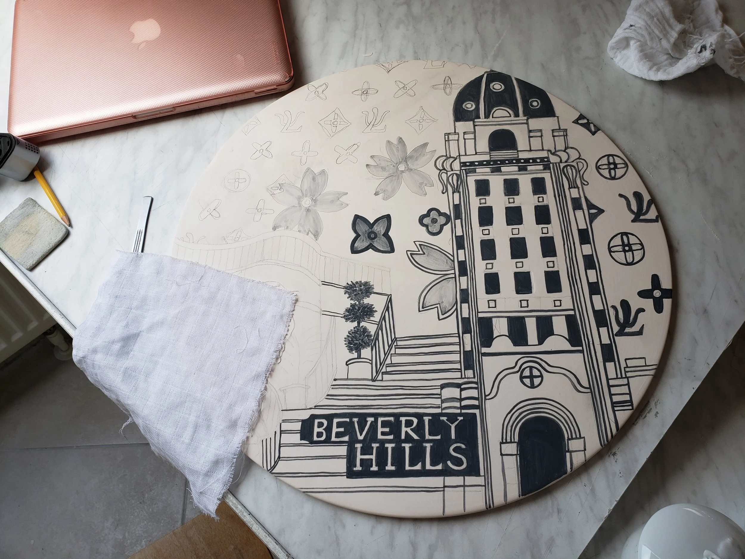 Painting Beverly Hills disc, 17” diameter