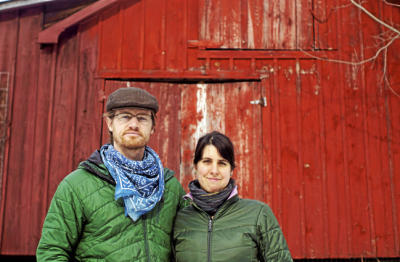 Abe and Maddie in front of the barn at Hosta Hill. photo: Ben Garver
