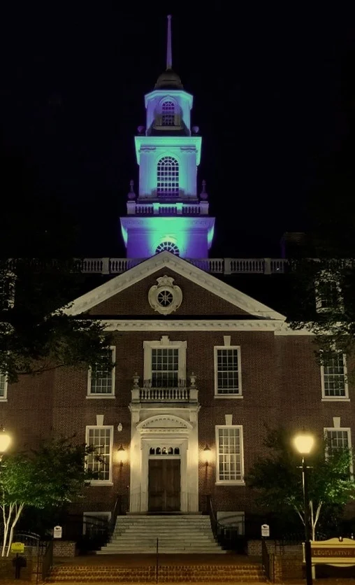 Legislative Hall in Dover, DE lit up teal for myasthenia gravis (MG) awareness month!