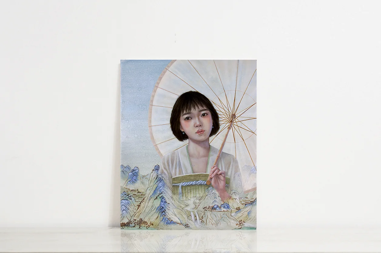 Contemporary Chinese Painting with Oil Paint and Chinese Ink (Sume Ink) on wood panel by artist, Lavennz Ooi, inspired by Oriental / Asian Art and ancient Chinese culture, to connect to her Chinese heritage.