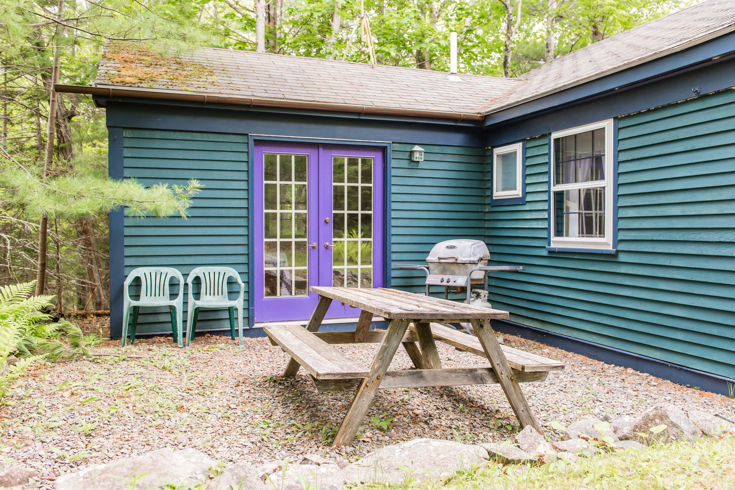 Patio with gas grill and picnic table.