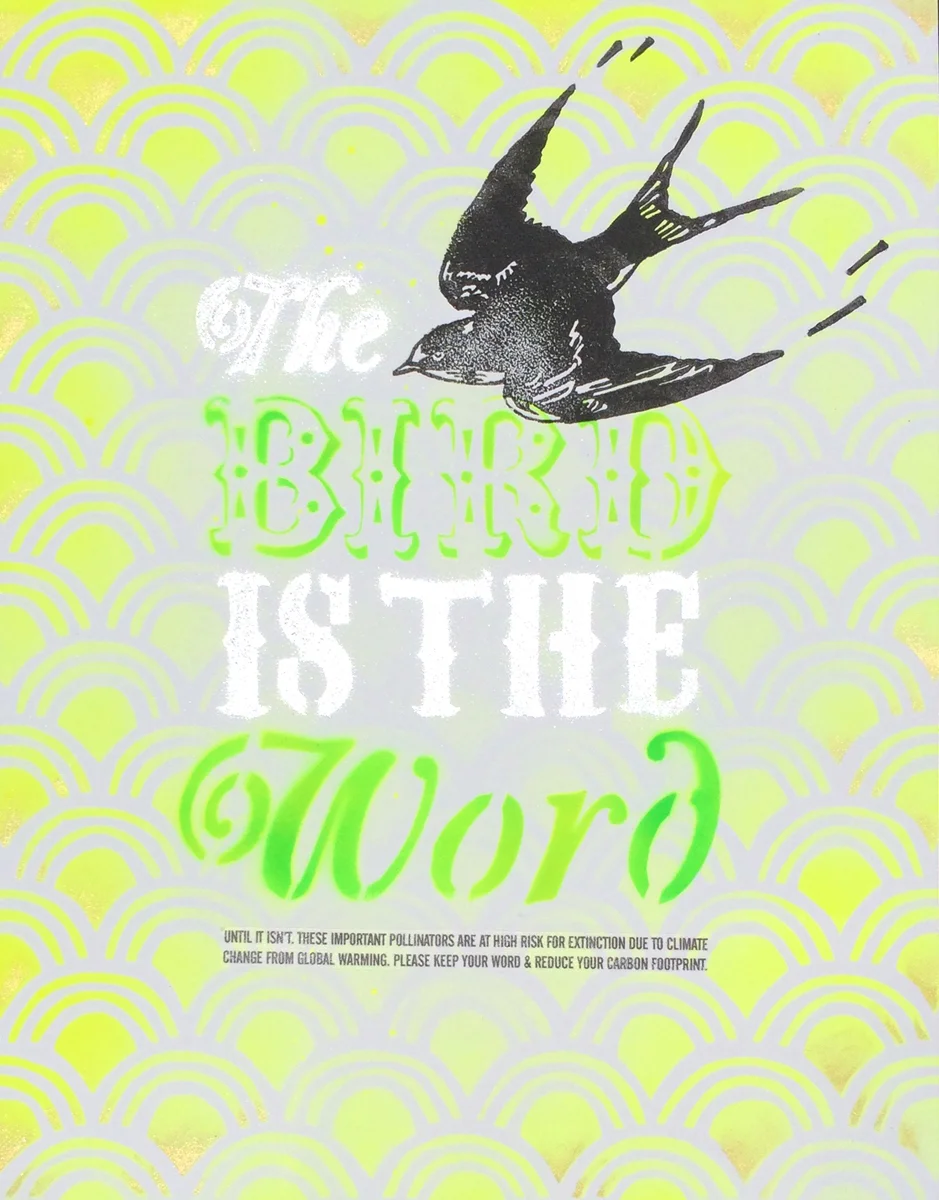 Pollinator Propaganda, Series 1: Bird, 11 x 14", spray paint and wood block on paper (SOLD OUT)