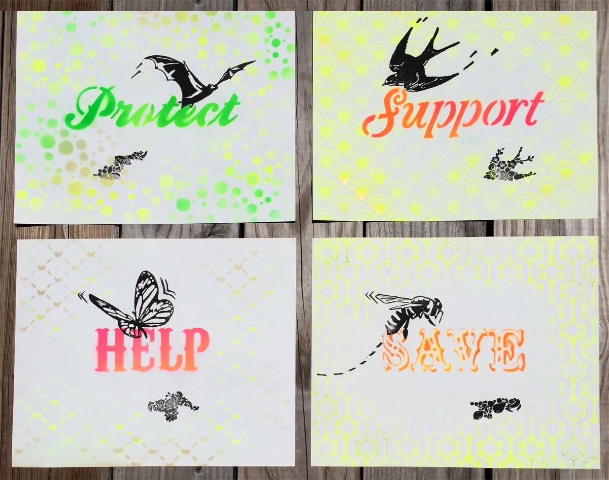 Pollinator Propaganda: Series 2, 17 x 14", spray paint and wood block on paper, $125 each