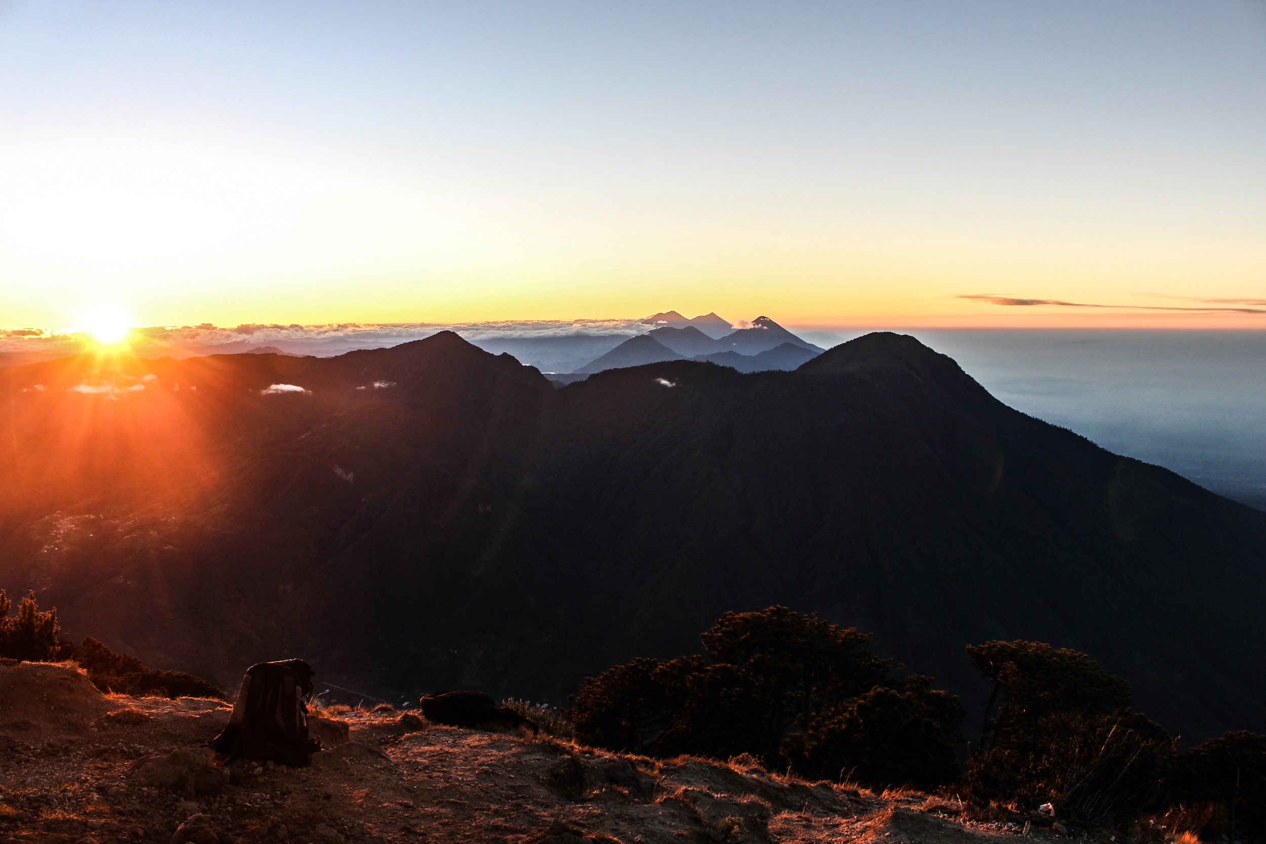 The volcano view from Santa Maria. Acatenango, Fuego and even Lake Atitlan are just about visible in the distance.