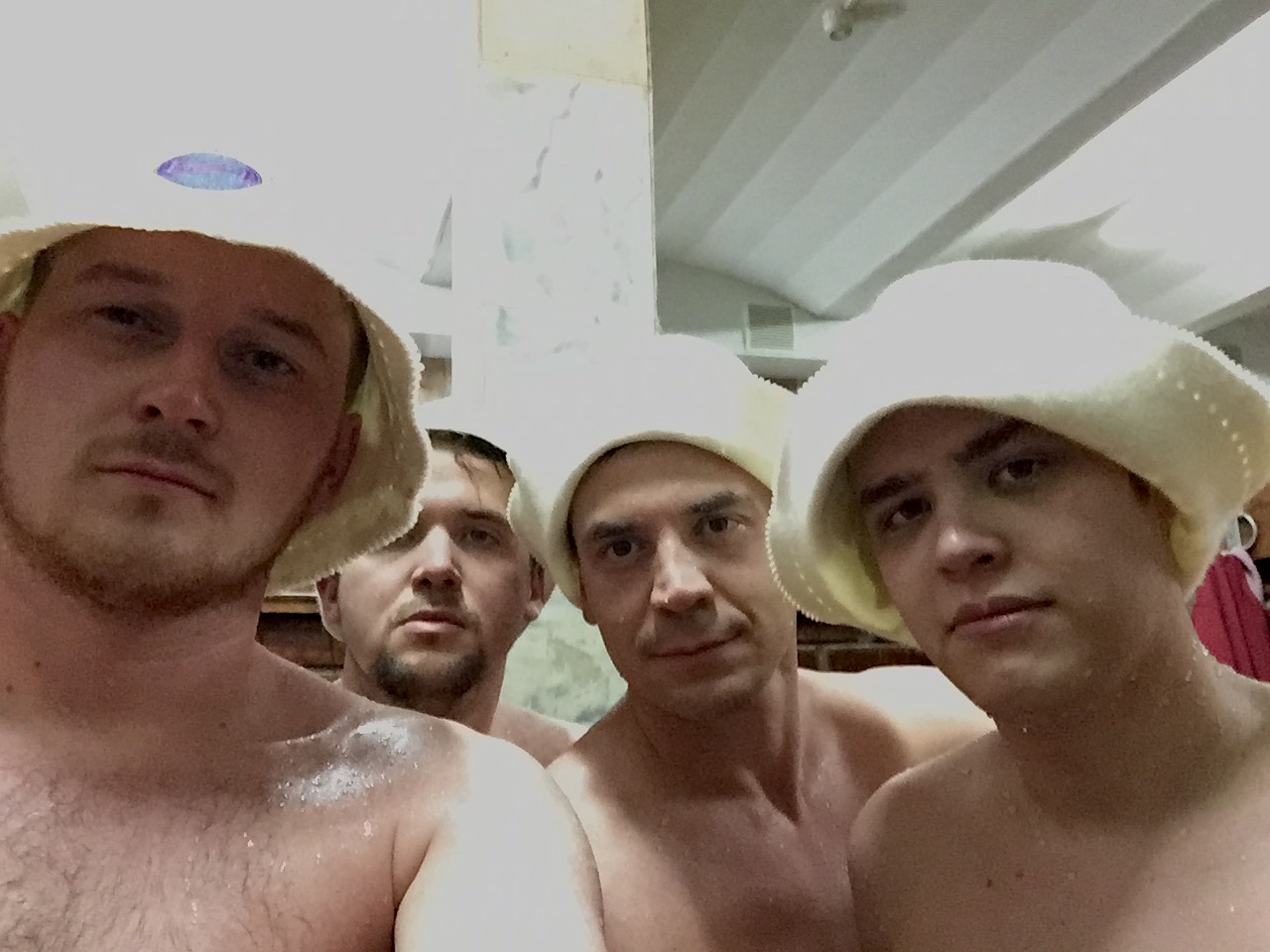 The boys, post-banya. (The hats are necessary)