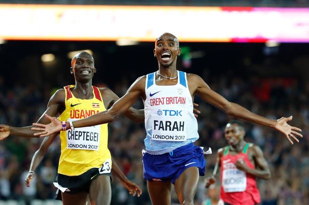 Farah celebrates winning the 5000m World Championship title, Credit: Reuters