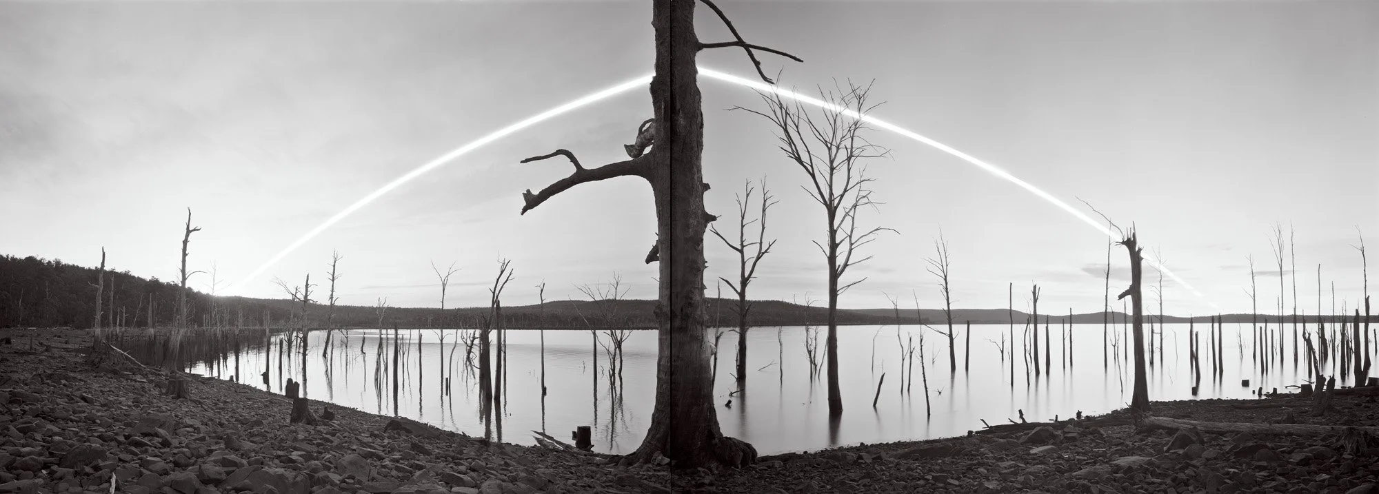  21 June 2025, 7:30am-4:30pm, Winter solstice at Lake Echo  Composite of two gelatin silver prints, 40.6 cm x 99 cm, 2026 