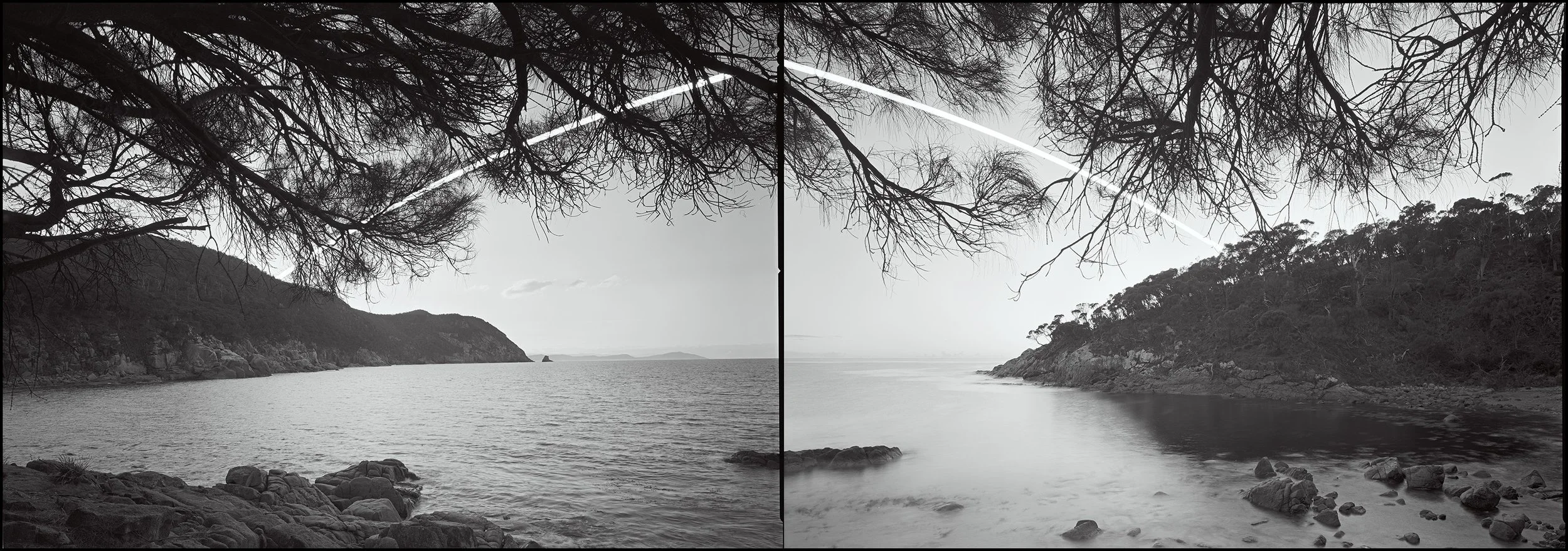  14 June 2025, 7:30am-4:00pm, Bluestone Bay from old midden  Composite of two gelatin silver prints, 40.6 cm x 99 cm, 2026 