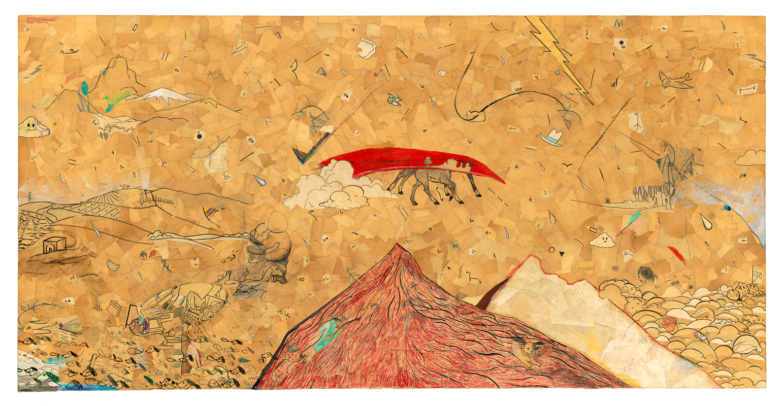 Twin Peaks and Tri-Tips, coloring books collage on panel, 25" x 60", 2012