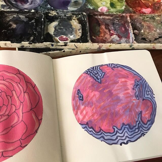 Sketchbook circles. One of my favorites right now. Love that blue and pink combo! 
#art #artist #sketchbook #fineart #wip #worksonpaper #circle #mixedmedia #watercolor #painting #yorkpa #autumncwright