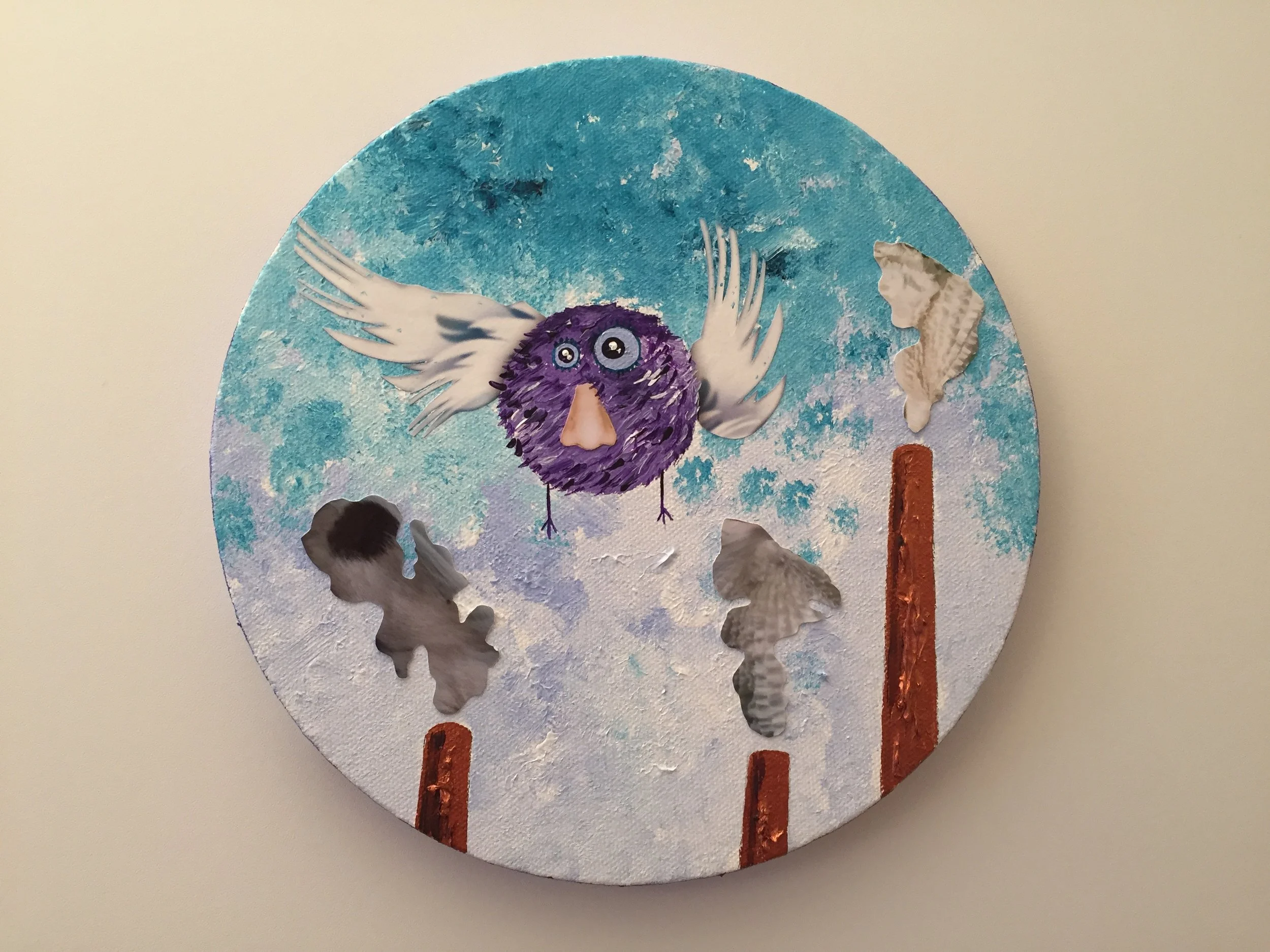 Nosebird escapes 2013 Paints and collage on canvas 20cm diameter More information