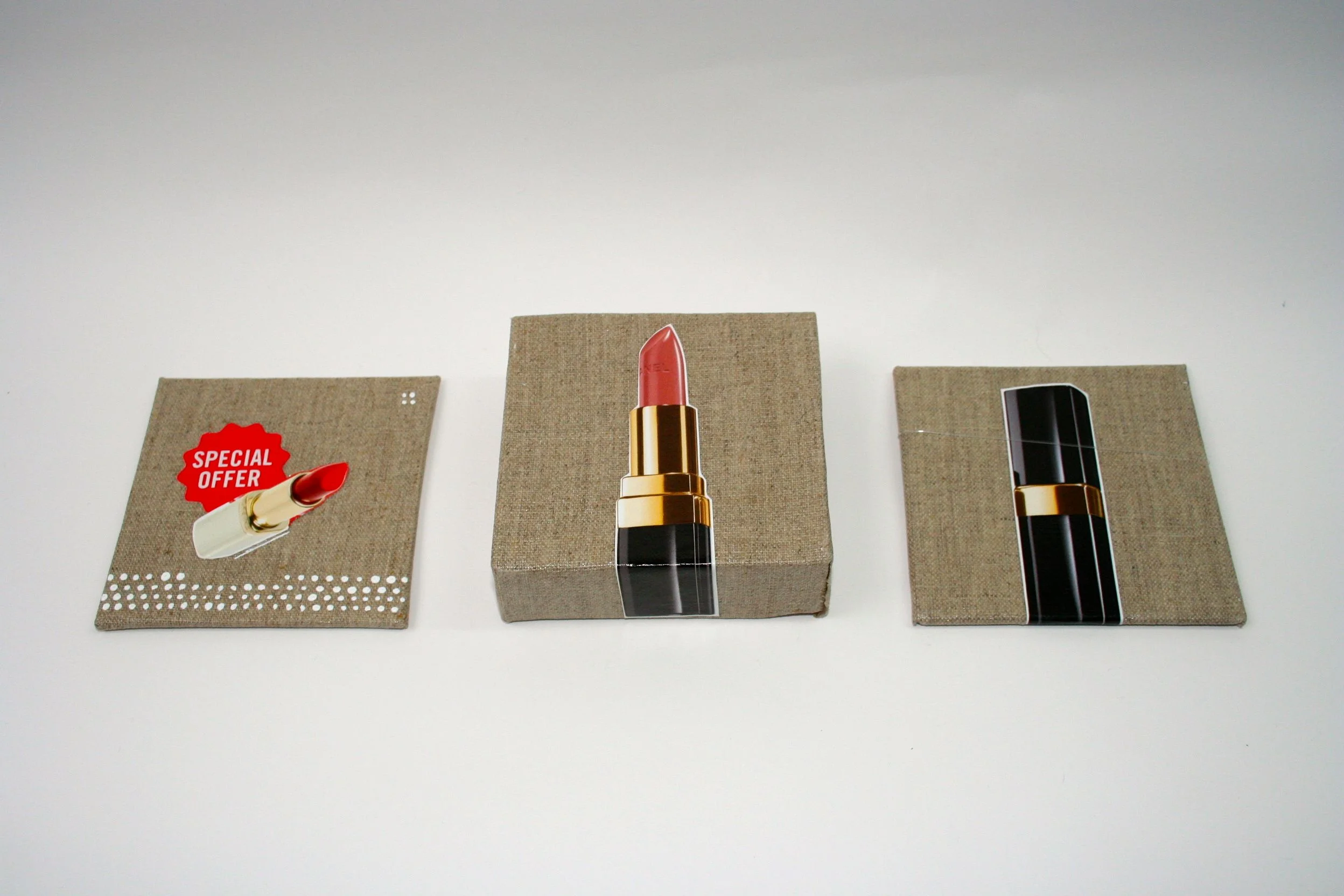 Lipstick (series) Red lipstick (Special Offer), 10 x 10cm, Pink lipstick (open), 10 x 10 x 4cm, Lipstick (closed), 10 x 10cm 2012 Mixed media on canvas