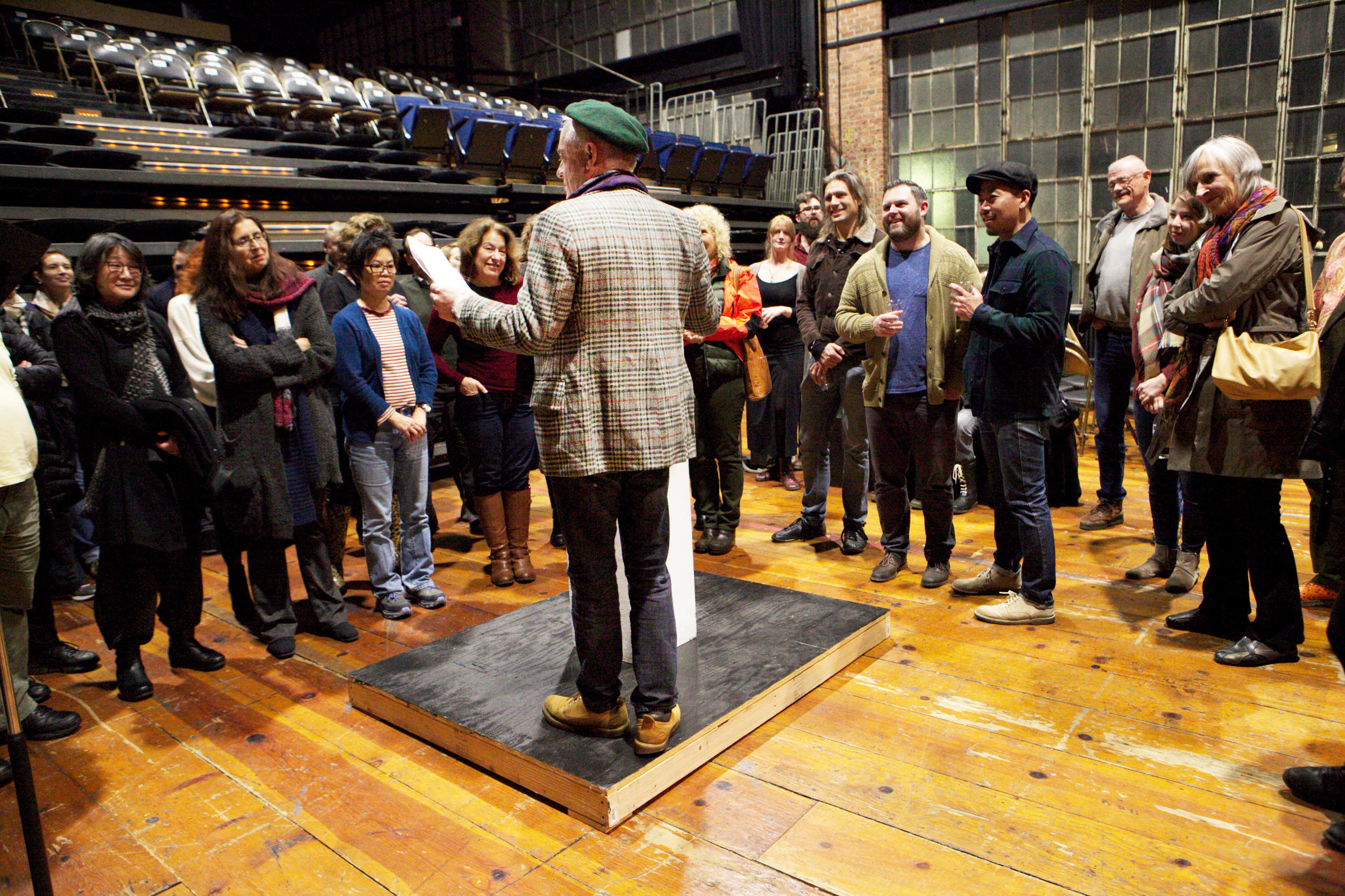 Z Insiders and Z donors participate in an open rehearsal of Peter Sinn Nachtrieb's A House Tour. January 2016.