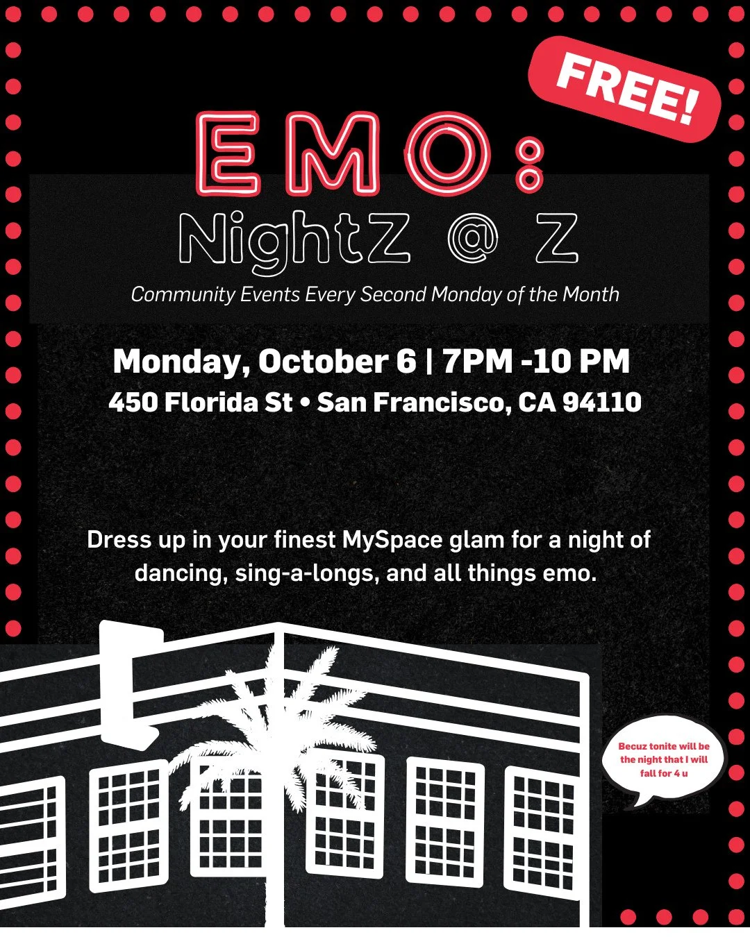 Looking for a little mid-2000&rsquo;s nostalgia? Z Space has you covered this October with our Emo: Nightz @ Z. Dress up in your best black eyeliner and Hot Topic fashion for our costume contest, grab a drink at the bar, and join us on the dance floo