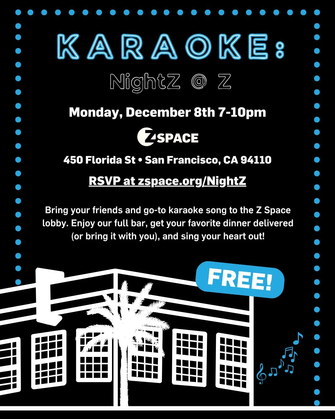Join us for Karaoke in Z Space&rsquo;s spacious lobby&mdash;the perfect chance to cut loose and belt out your favorite tunes while enjoying a few drinks with your friends. Whether you like torch songs or bangers, whether you are country or rock n&rsq