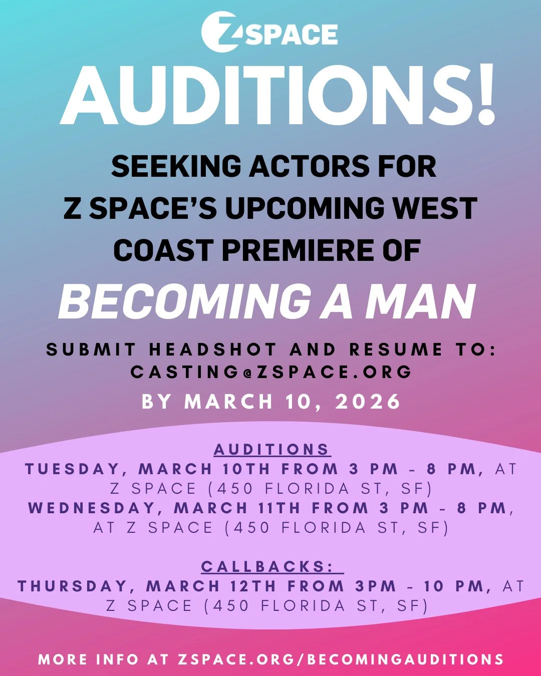 Seeking Actors for Z Space&rsquo;s Upcoming West Coast Premiere of Becoming A Man⁠
Written by P. Carl and directed by Lyam Gabel. ⁠
⁠
For 50 years, P. Carl lived as a girl and then a queer woman, building a career and a loving marriage while waiting 