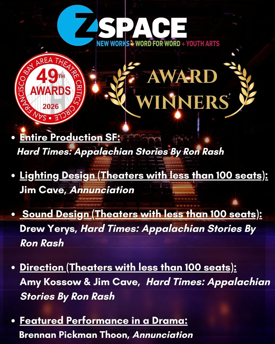 Z Space&rsquo;s resident theater company Word for Word swept the 2026 San Francisco Bay Area Theatre Critics Circle Awards!⁠
⁠
Congratulations to the cast and crew of Hard Times: Appalachian Stories by Ron Rash and Annunciation who received recogniti