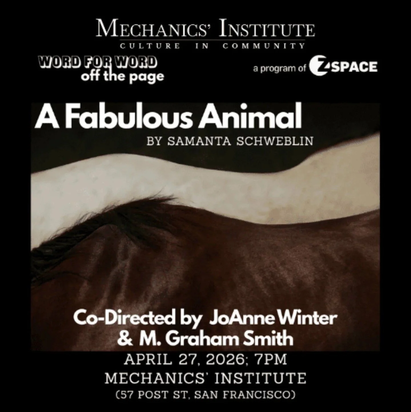Off the Page Reading: ⁠
Fabulous Animal⁠
Written by Samanta Schweblin⁠
Directed by JoAnne Winter and M. Graham Smith⁠
⁠
Monday, Apr 27 7:00pm⁠
The Mechanics Institute⁠
⁠
In &ldquo;A Fabulous Animal,&rdquo; Samanta Schweblin thrusts us into the moment