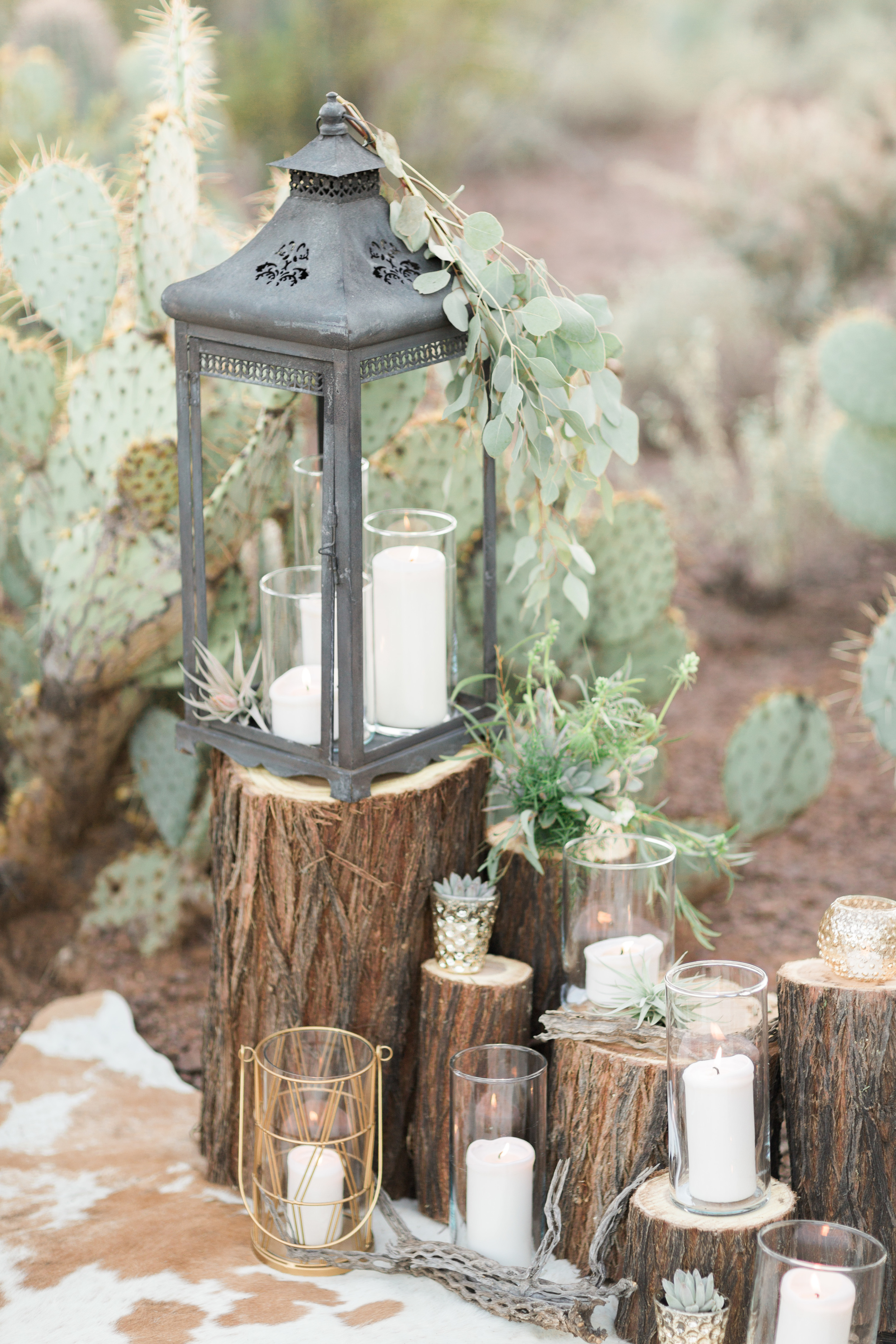 Lanterns, candles and cow hide rugs in the desert