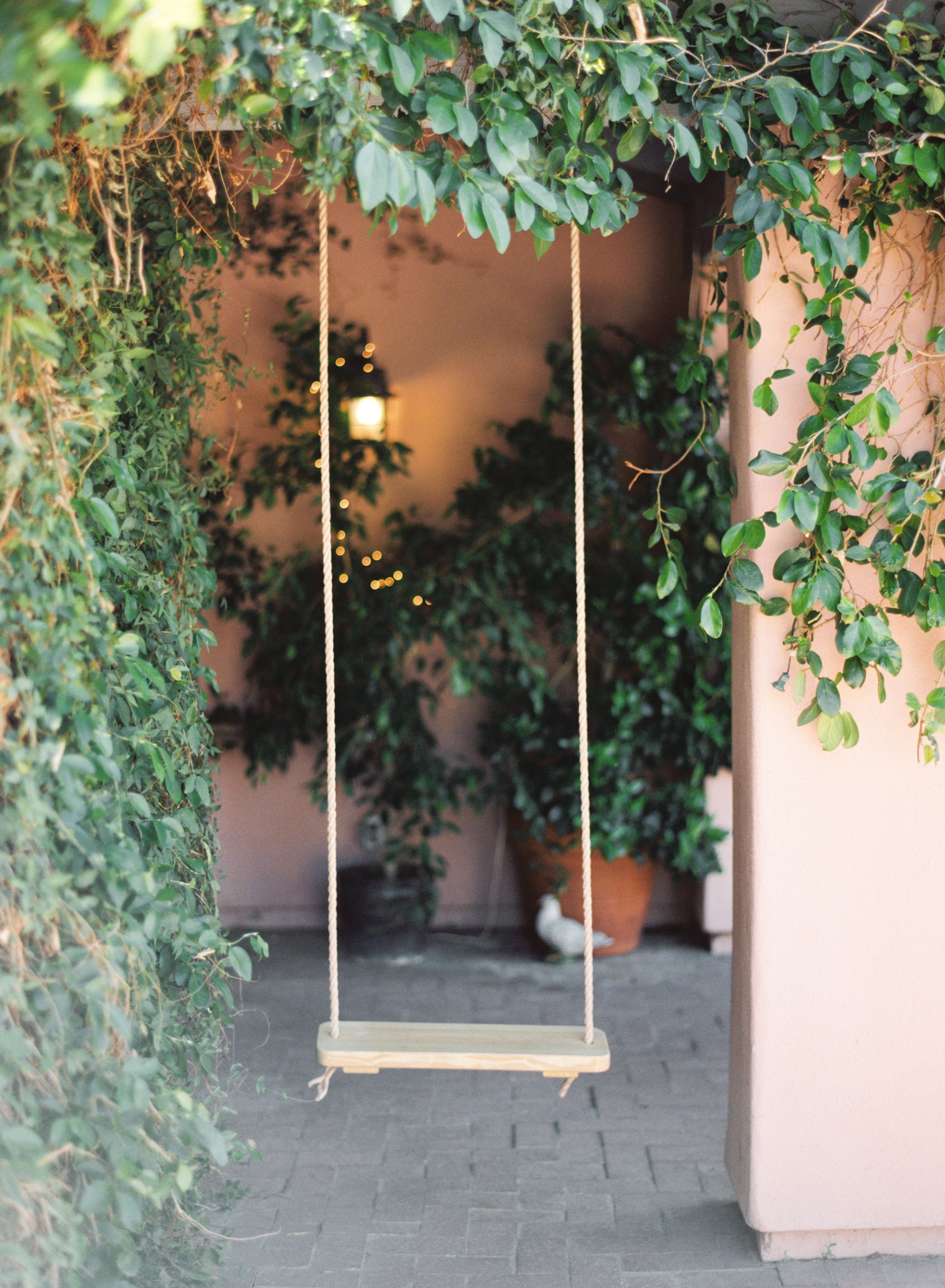Swing in courtyard with vines 