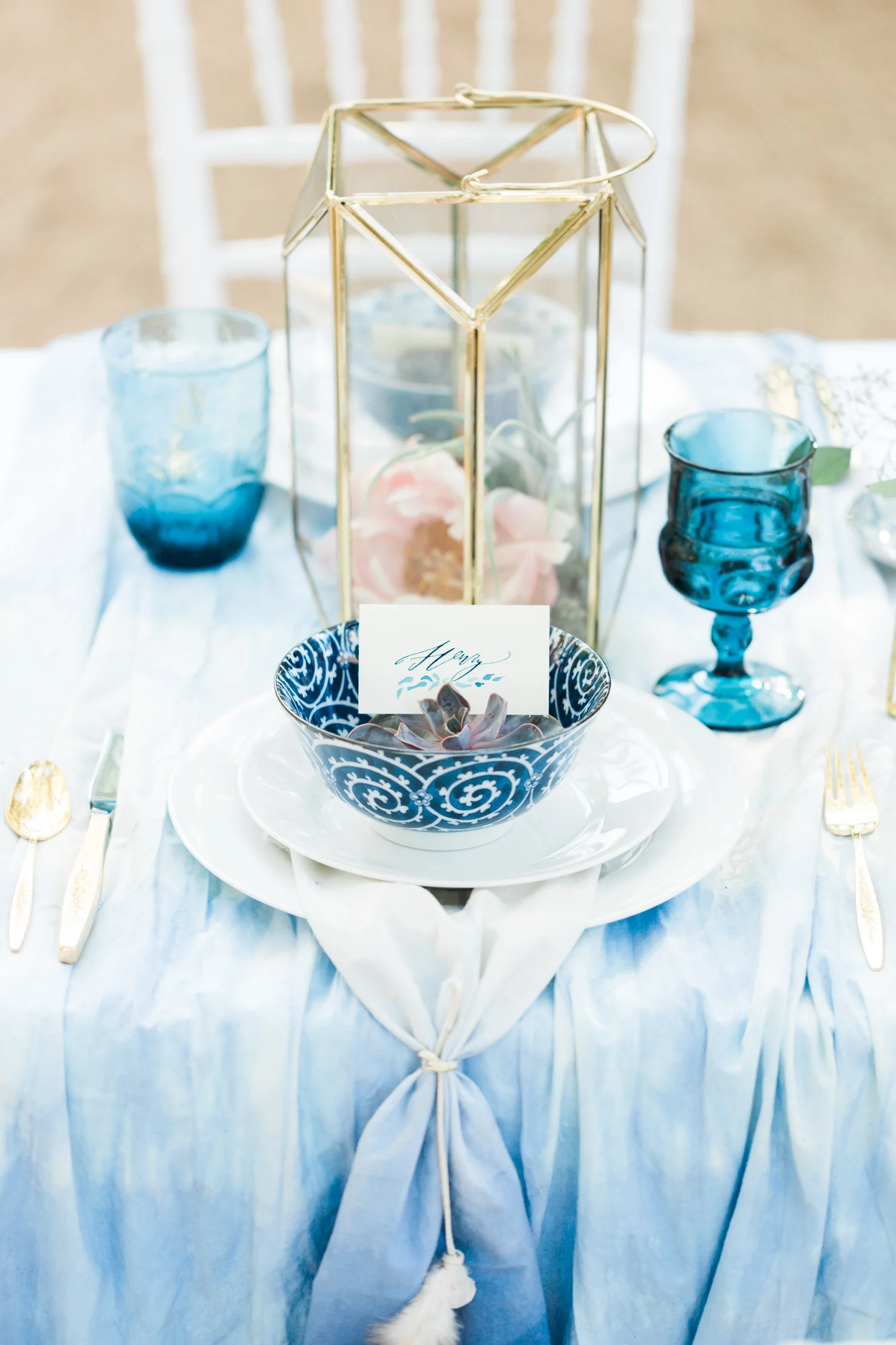 Vintage indigo cups, with hand dyed indigo napkins