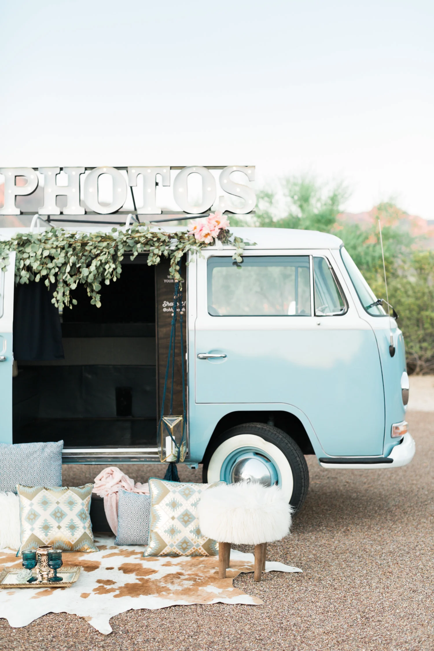 Vintage baby blue Volkswagen bus, converted into a photo booth, the Ohhh Booth! 