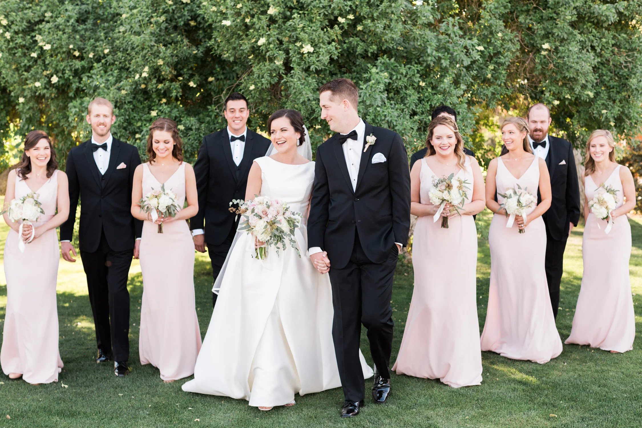 Gorgeous Tubac Golf Resort wedding. Wedding party in black tuxedos and blush dresses | Betsy & John Photography | Tucson Wedding Photographers 