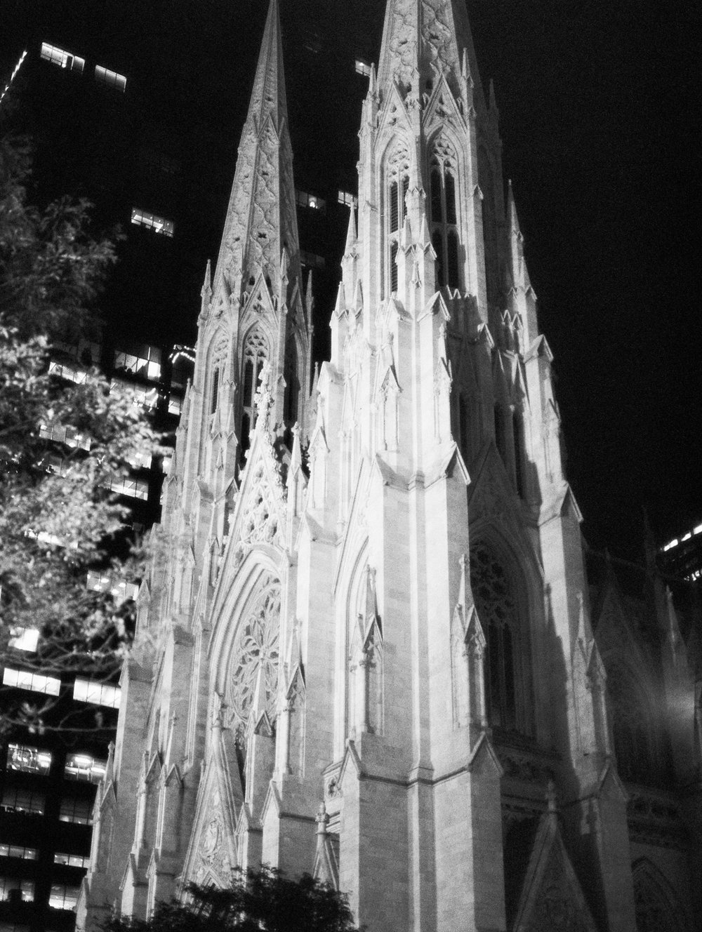  NYC church on black and white film at night. Ilford Delta 3200 