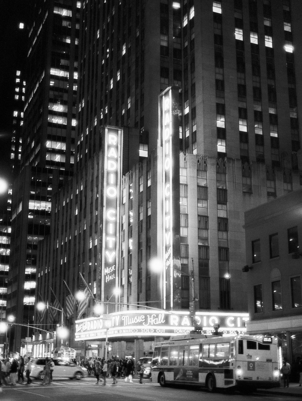  Radio City Music Hall in black and white film at night 