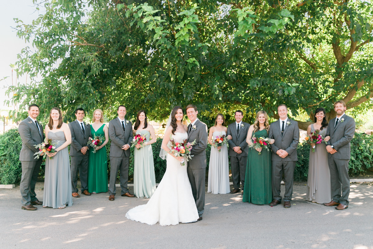 Wedding party in gray and green captured by Phoenix wedding photographers, Betsy & John 