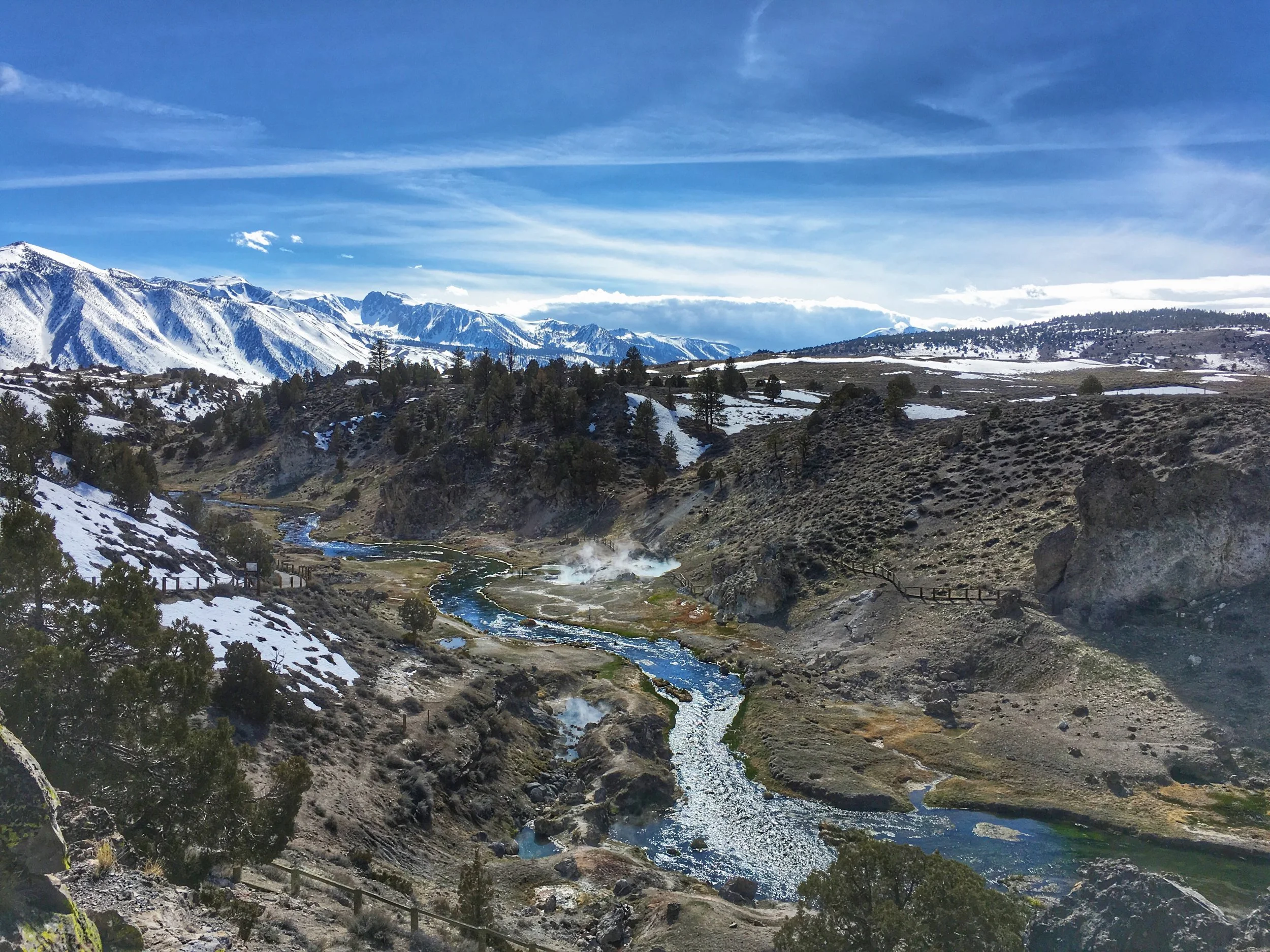 View from above the Hot Creek, with the Sierras in the background. Unreal!