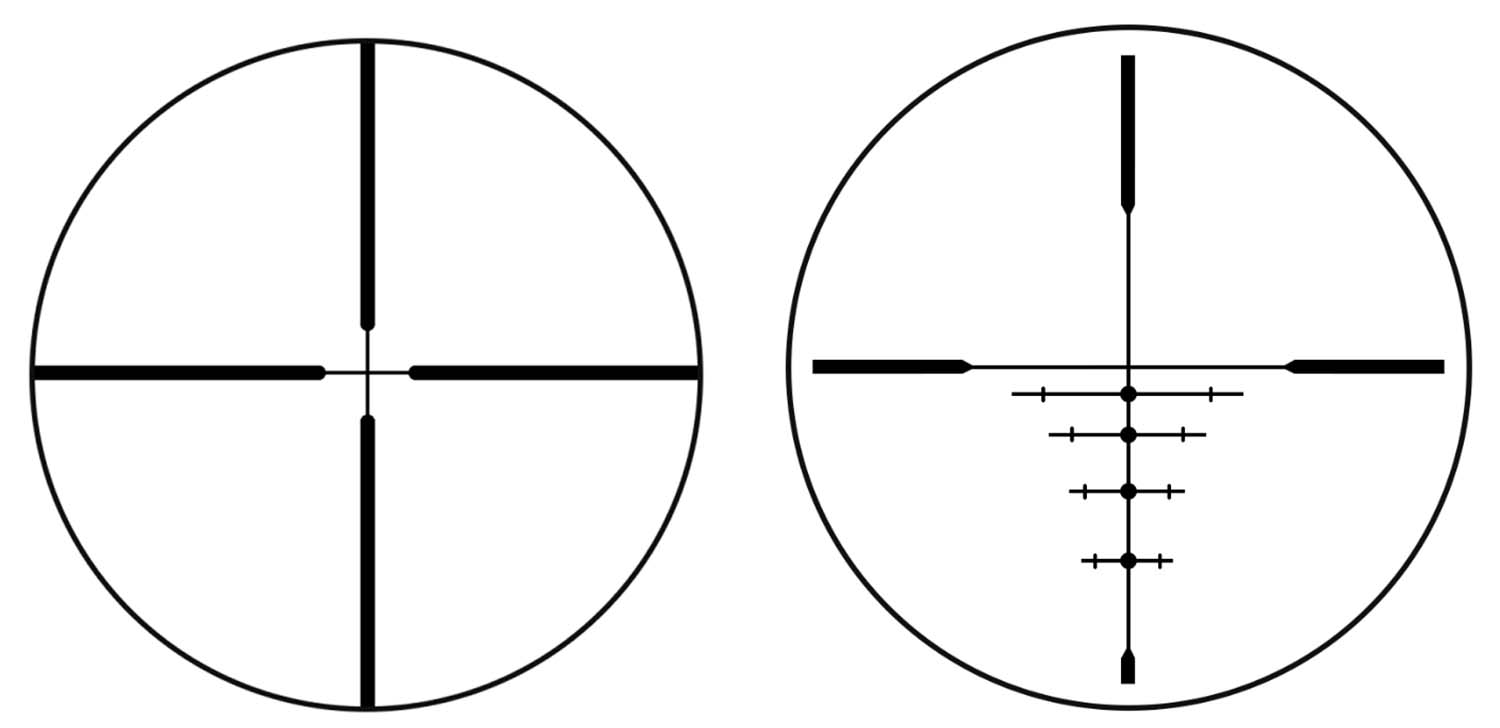 The two reticle options - Left is the Multi-X and right is the DOA version