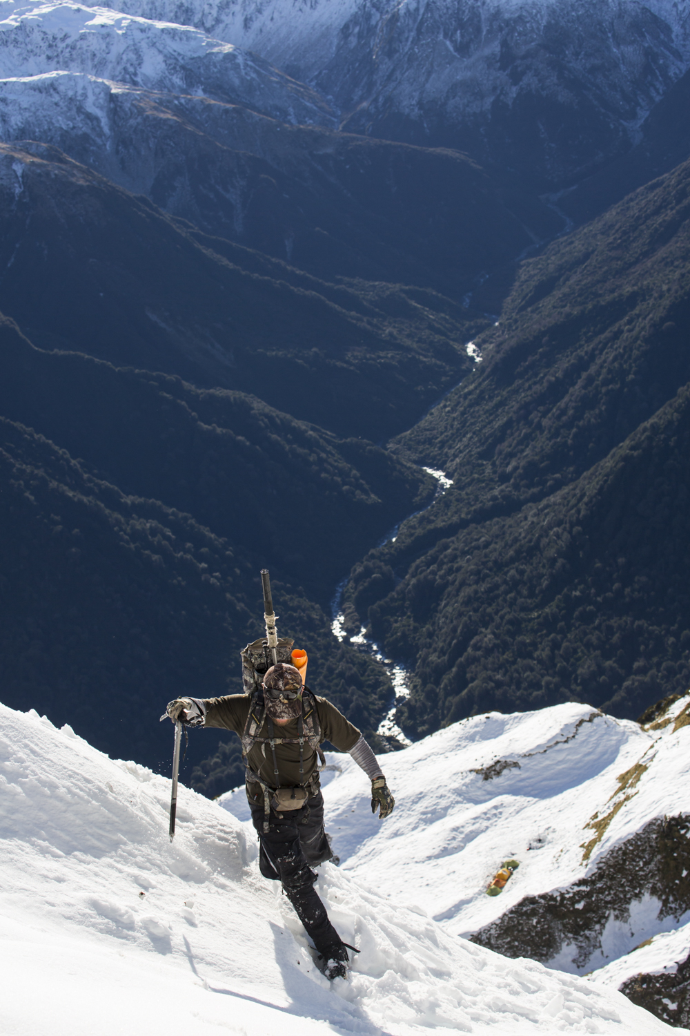 looking back down to camp while hunting in westland 