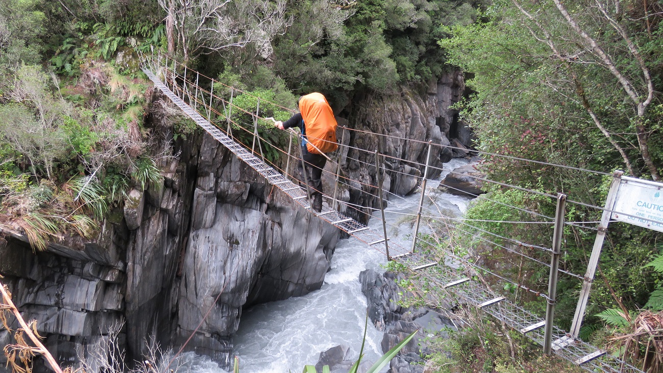 The Morgan Gorge swing bridge, near Kiwi Flat in the Waitaha Valley.