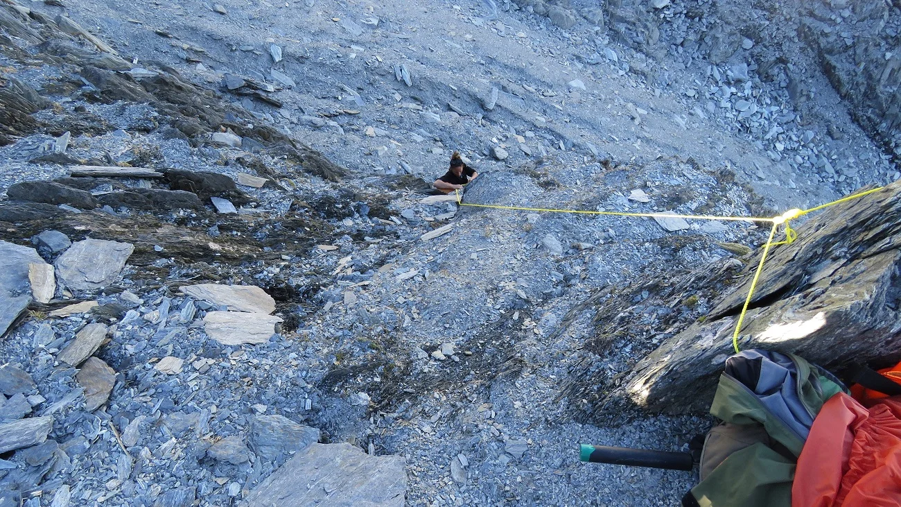 So we are not mountaineers by any standard, but a peace of string was enough to lift the packs through a scary bit.