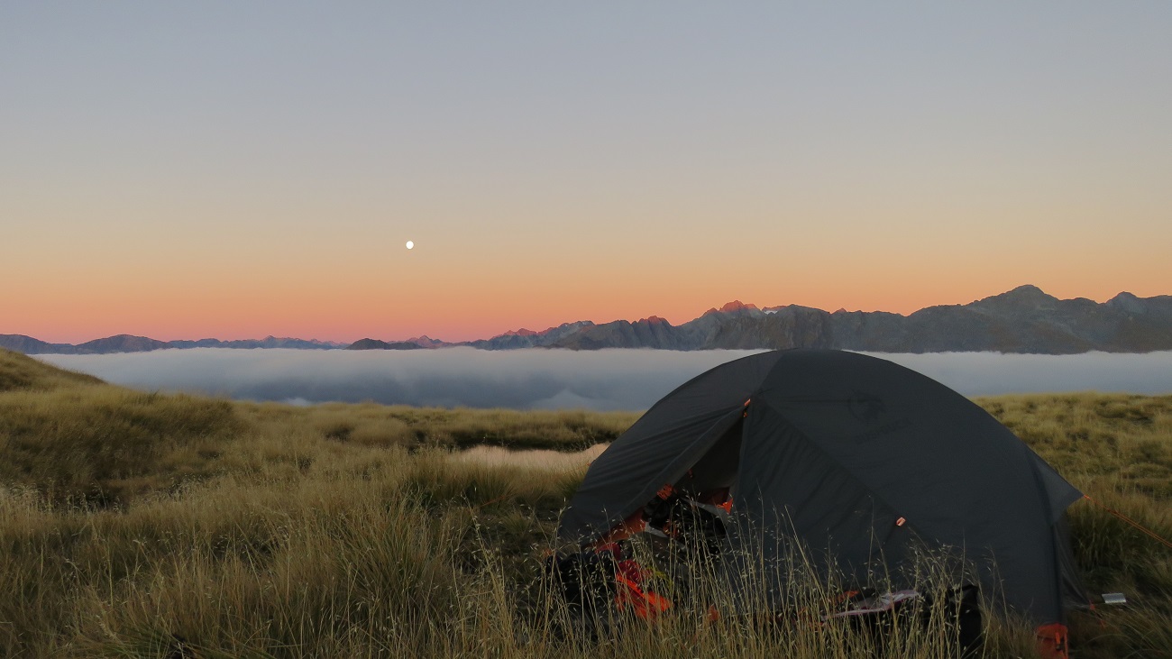 After a 9 hour mountain crossing from Ivory Lake, we decided to rest up and set up tents beside the tarns under Cropp Knob. The beauty of the Whitcombe Valley was made even more impressive when we heard the stags roaring down below. I gave the binoculars a blast and spotted several deer including a couple of roaring stags, neither were of trophy quality.