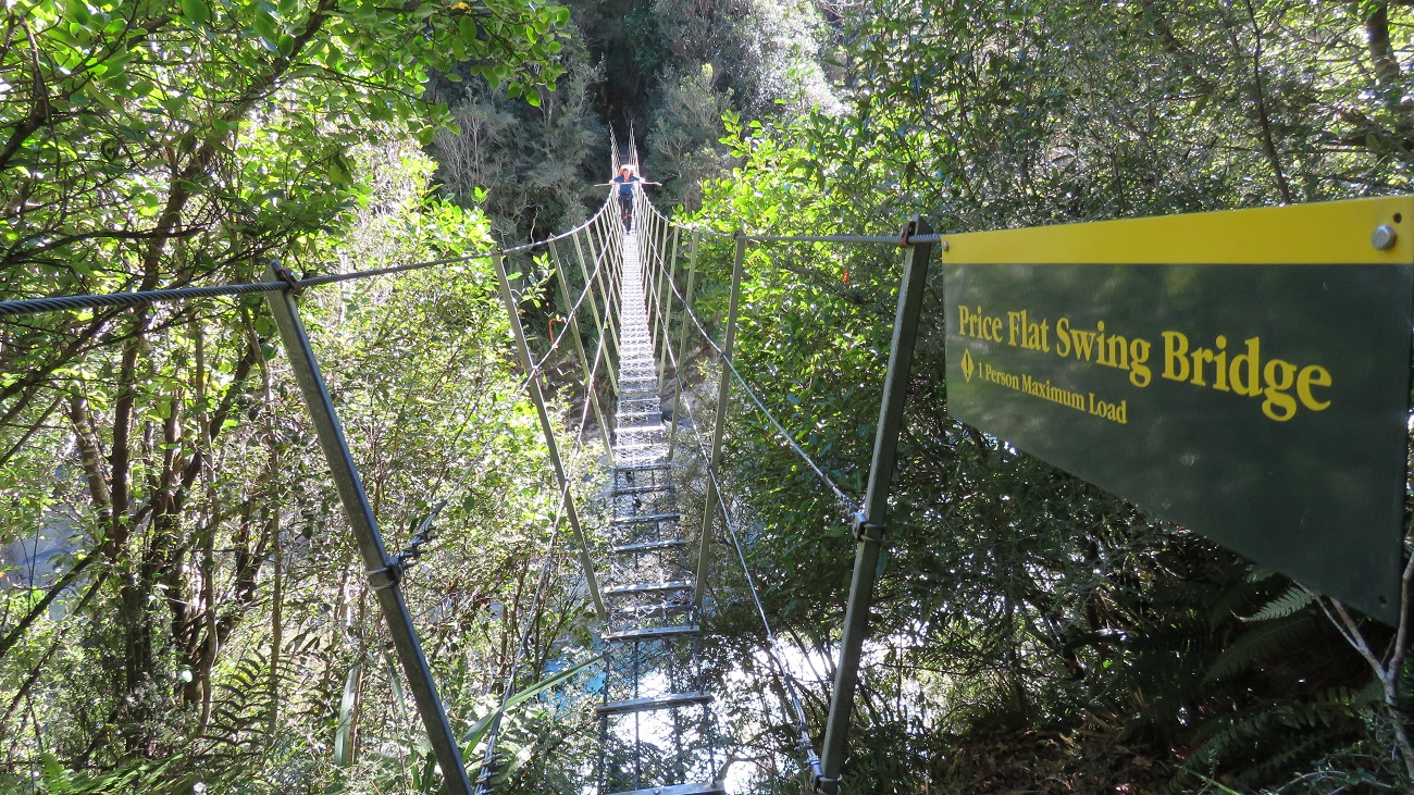  Dropping off the Steadman Spur access route, a swing bridge 1 km down stream of Price Flat, gives access to the main Whitcombe Valley track. 