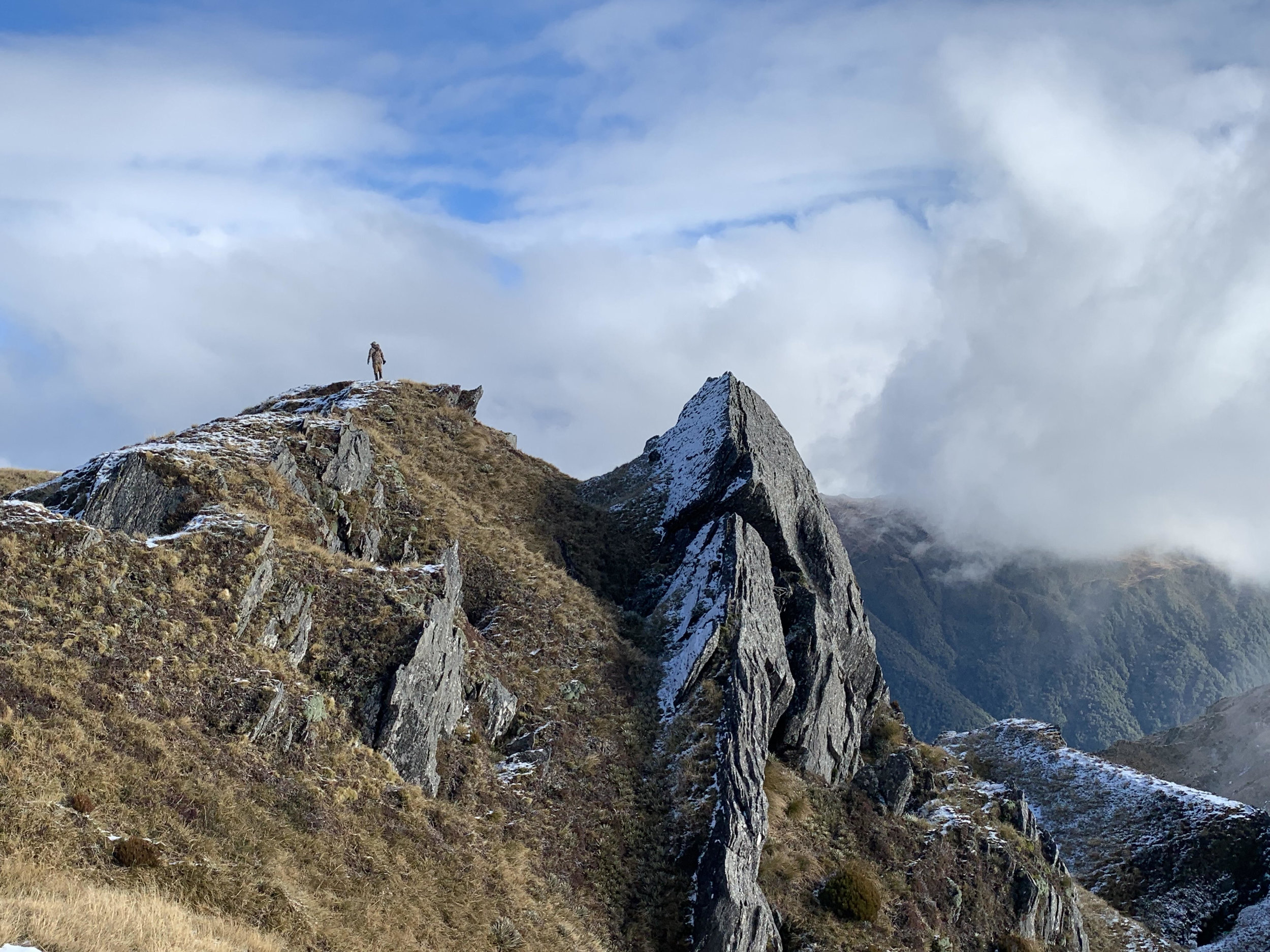 hunter standing on a ridge first lite