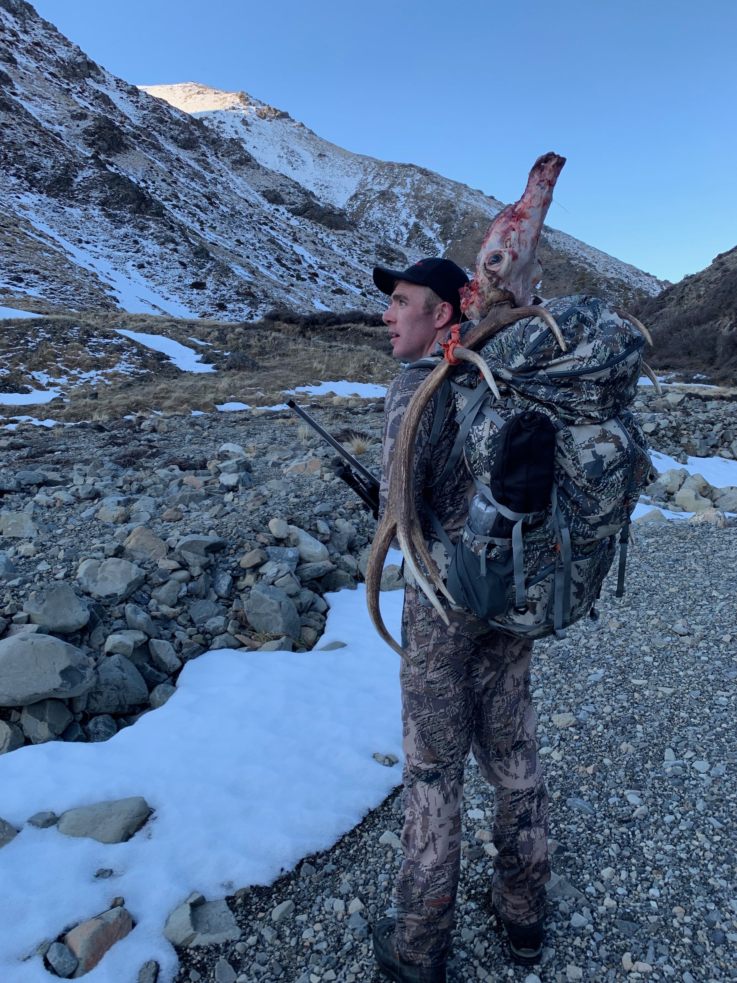 packing out stag antlers in the new zealand snow