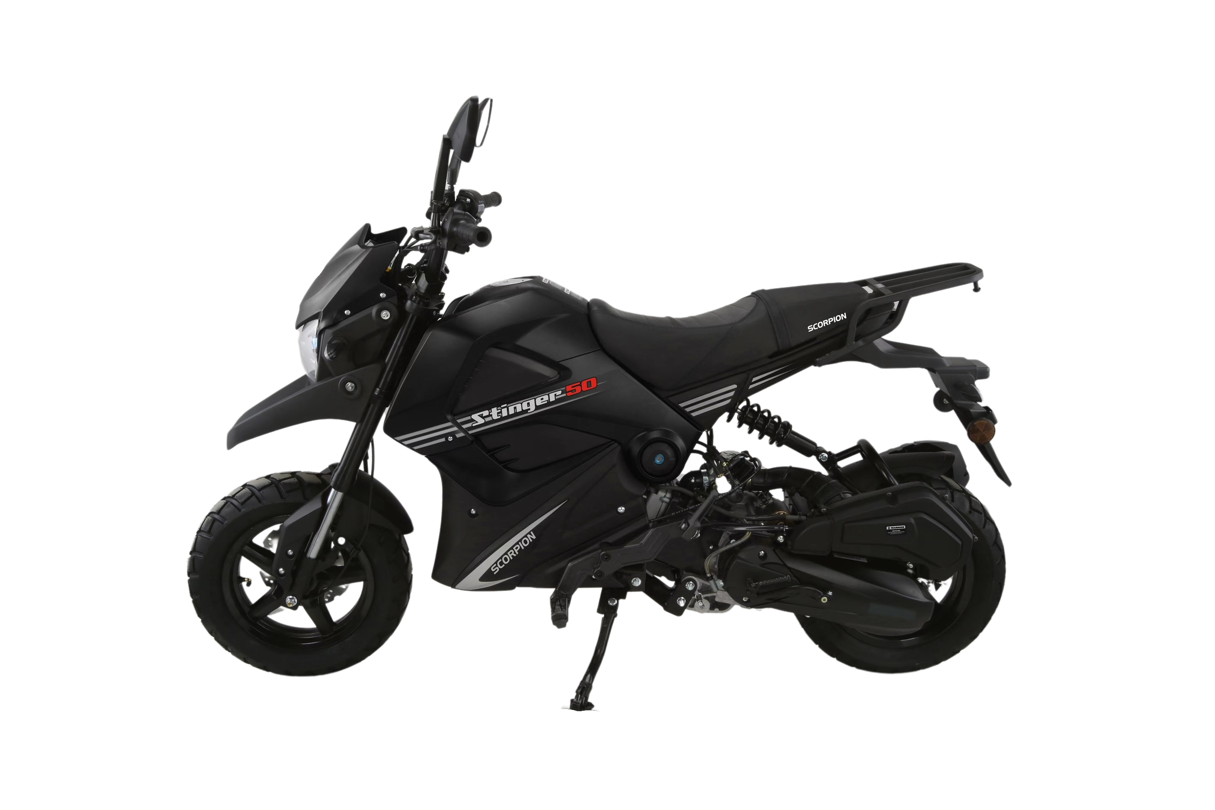 1 Year limited warranty (Optional 3-year additional parts only warranty available through Scorpion) Available in 50cc electric choke Start electric/kick Automatic CVT transmission Seat Height 34/36-inch front to back Fuel consumption 2L/