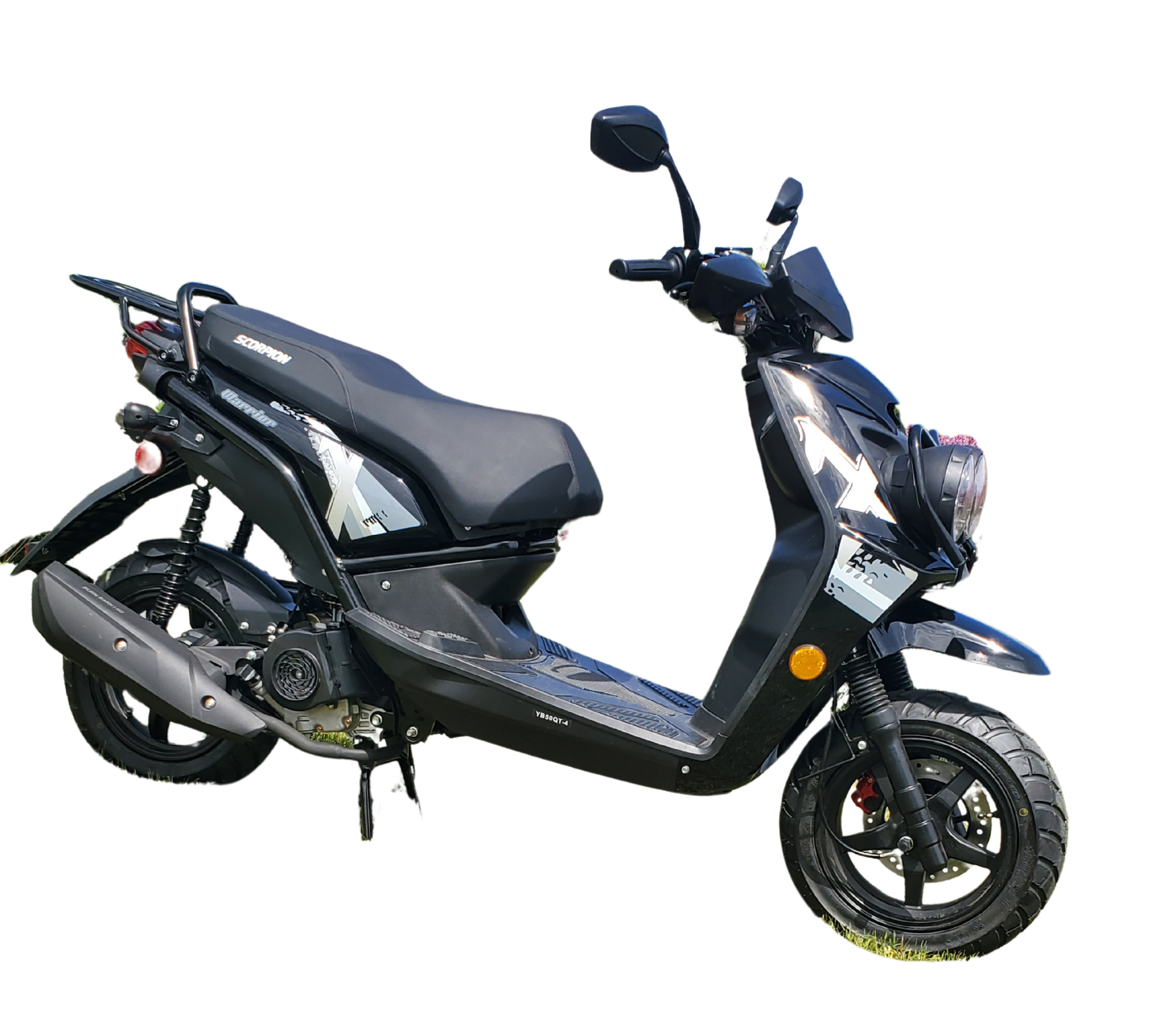 50cc Four Stroke GY6 Motor Fully Automatic Electric and Kick Start Net weight 95 kg Max Load 150 kg Seat Height 32 inch Max Speed 50 km/h Brakes Fr- disk/ Rr- drum Tires Size Fr/Rr-120/70/12 Fuel 2.1 L/100 km Ignition CDI Drive CVT/DHR