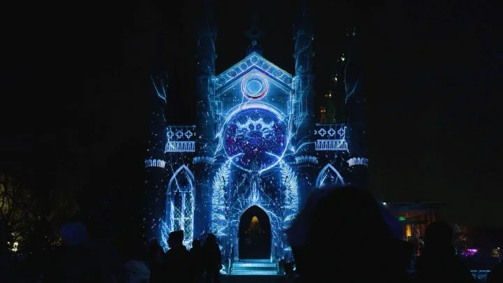 Sweet Sweet Auburn at SOLSTICE in 2024. One of two new artworks for the Bigelow Chapel facade. The canvas has been a center piece of the @mountauburncemetery tradition since 2021, creating two new artworks each year that are specific to the architect