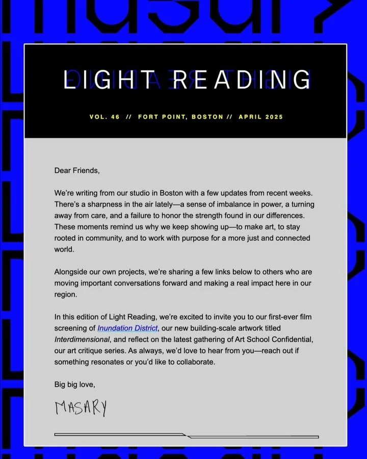 𝗟𝗶𝗴𝗵𝘁 𝗥𝗲𝗮𝗱𝗶𝗻𝗴 𝗩𝗼𝗹. 𝟰𝟲 ⚡️ is live! Inside: a look at what we&rsquo;ve been up to in the studio, a few orgs we&rsquo;re inspired by, and a final heads-up about tomorrow night&rsquo;s free screening of Inundation District at our studio.
