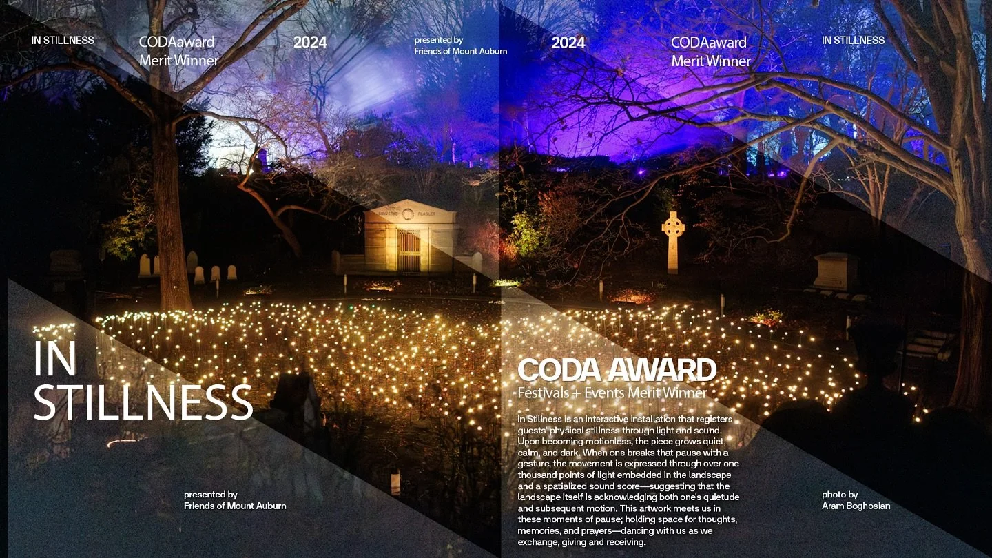 𝗖𝗢𝗗𝗔𝗮𝘄𝗮𝗿𝗱 𝗠𝗲𝗿𝗶𝘁 𝗪𝗶𝗻𝗻𝗲𝗿

Honored to share that 𝙄𝙣 𝙎𝙩𝙞𝙡𝙡𝙣𝙚𝙨𝙨 has been recognized by @codaworx as a Merit Winner in the Festivals + Events category!

Created for SOLSTICE 2024 at @mountauburncemetery the piece invites a qu