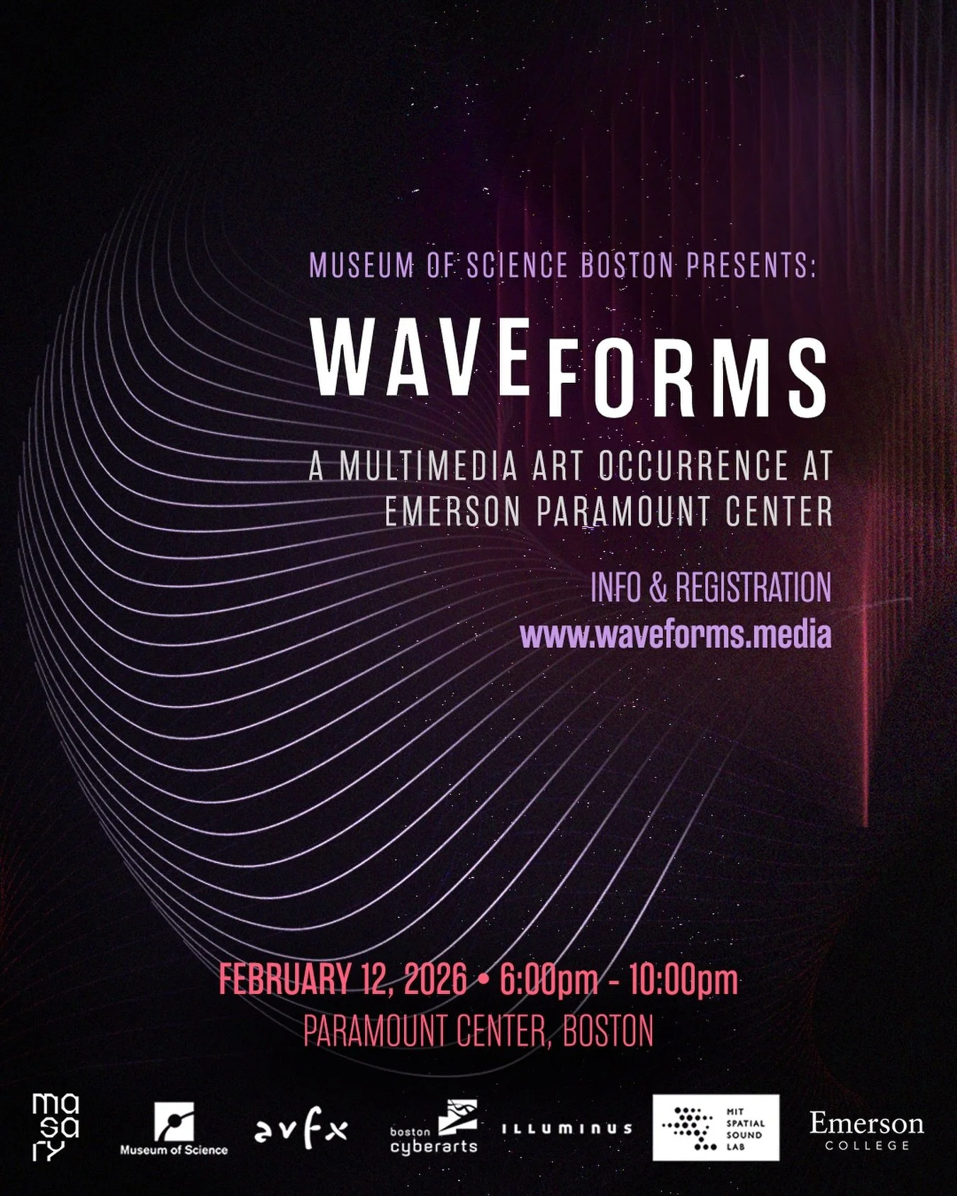 𝙒𝙖𝙫𝙚𝙁𝙤𝙧𝙢𝙨 returns for its third year to present a free multimedia art occurrence exclusively activating the Emerson Paramount Center in Boston, MA. 

Presented by the Museum of Science, MASARY Studios, and Emerson College, the evening will f