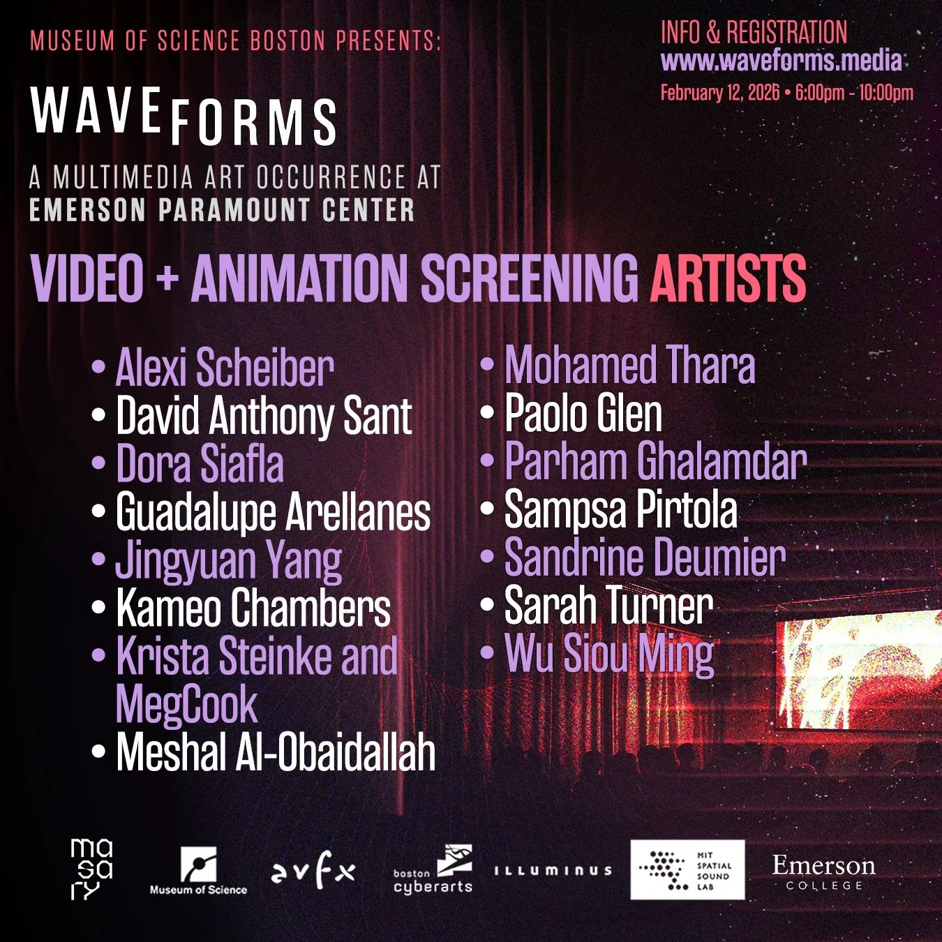 𝙒𝙖𝙫𝙚𝙁𝙤𝙧𝙢𝙨 returns next Thursday to present a free multimedia art occurrence exclusively activating the Emerson Paramount Center in Boston, MA!

We are thrilled to announce that over 45 artists and artworks are included in this year&rsquo;s p